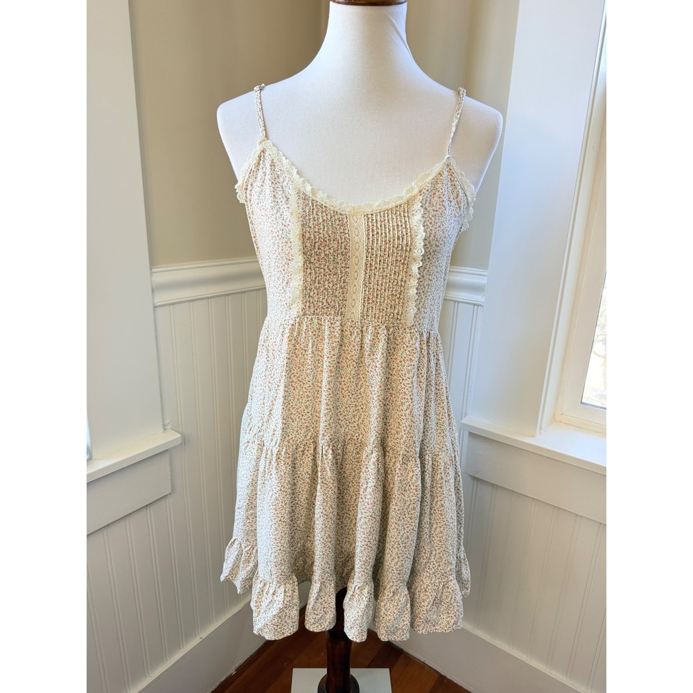 Brandy Melville Floral Lace Trim Pintuck Mini Dress Cream One Size